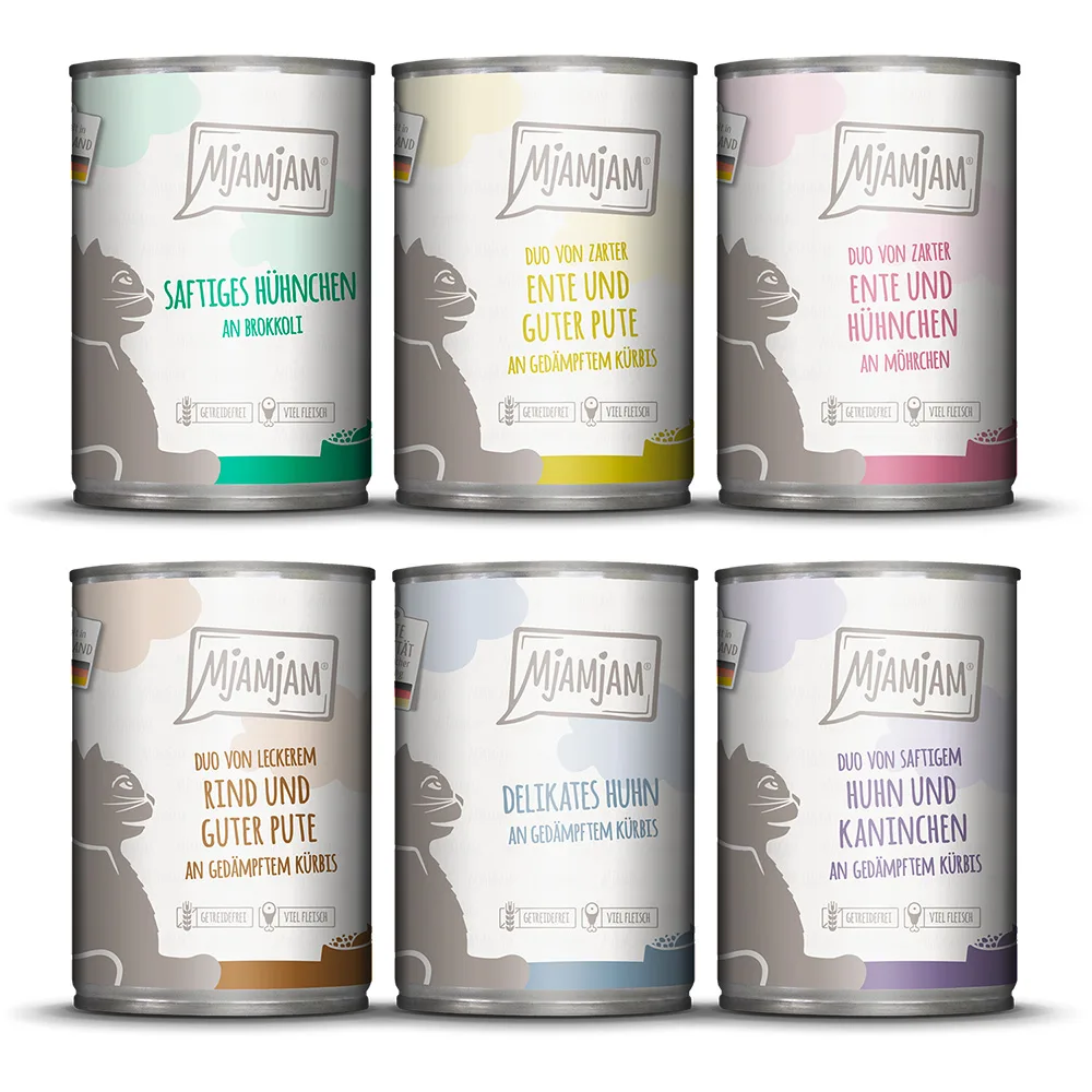 Economy pack: 24x400g Mixpack MjAMjAM Mix 2 (6 soorten) nat kattenvoer van MjAMjAM – productfoto