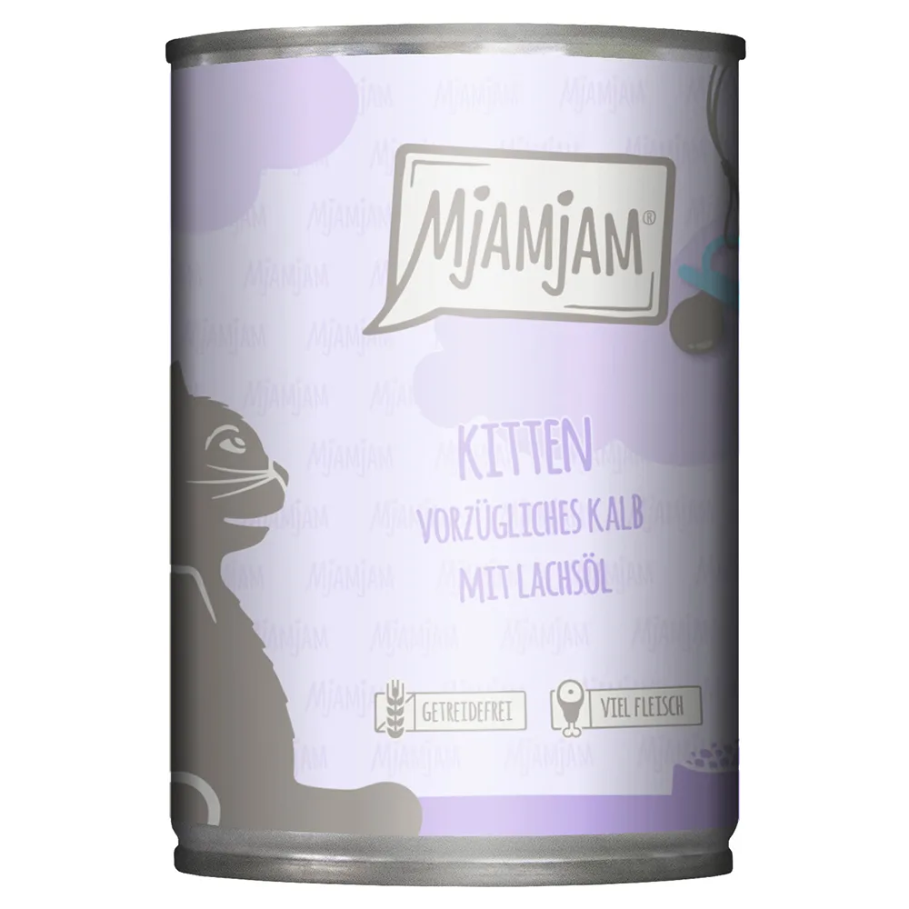 Economy Pack 24x400g MjAMjAM Kitten Excellent Kalf met zalmolie nat kattenvoer van MjAMjAM – productfoto