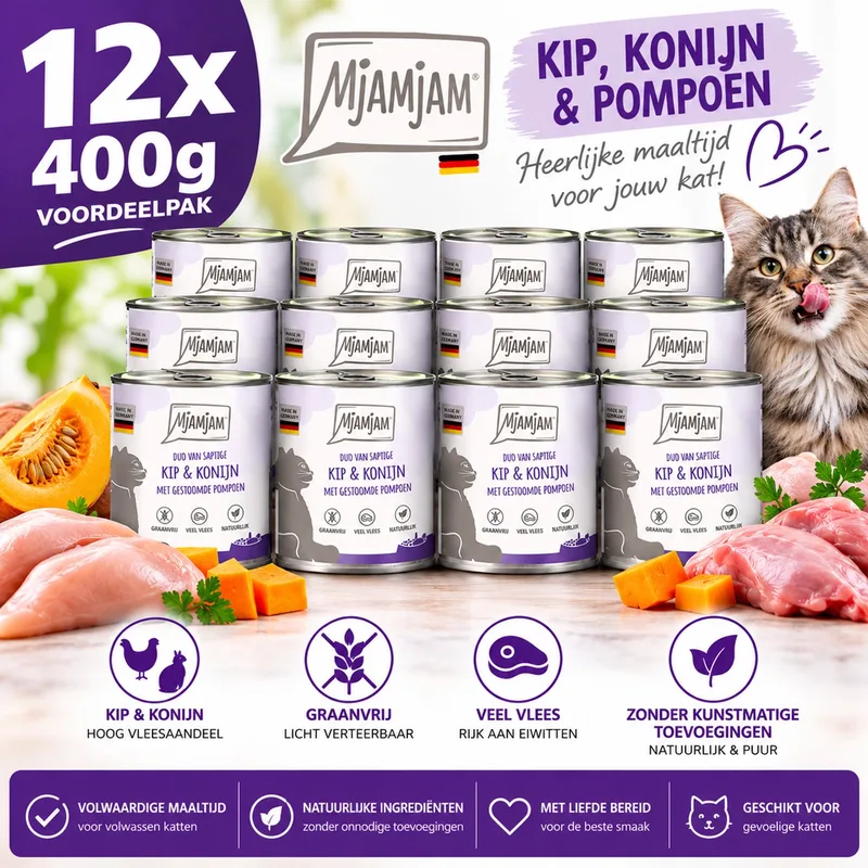 Kat Natvoer 12x400g Kip Konijn & Pompoen – Duo Blik Kattenvoer – Graanvrij – Veel Vlees – Zonder Suiker – Premium Kattenvoeding – Voordeelpak – Volwassen Kat von MjAMjAM – Produktfoto
