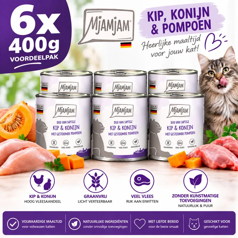 Kat Natvoer 6x400g Kip Konijn & Pompoen – Duo Blik Kattenvoer – Graanvrij – Veel Vlees – Zonder Suiker – Premium Maaltijd Volwassen Kat – Voordeelpak von MjAMjAM – Produktfoto