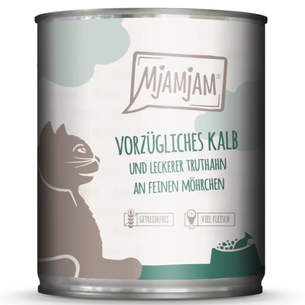 MjAMjAM 6 x 800 g Kattenvoer - uitstekend kalfsvlees en heerlijke kalkoen op fijne wortelen van MjAMjAM – productfoto