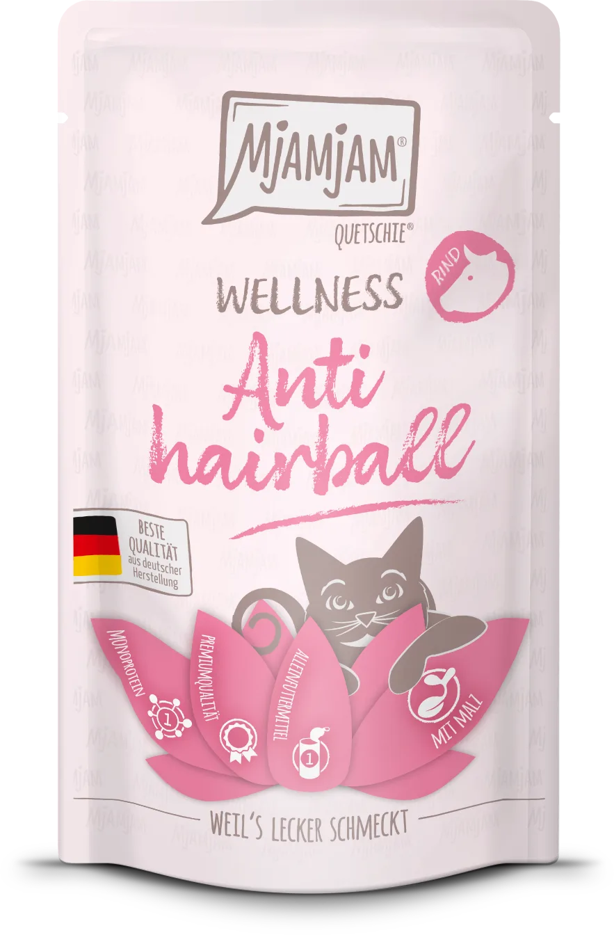 Nourriture humide pour chats Bœuf Contrôle des boules de poils Bien-être 125 g de MjAMjAM – photo produit