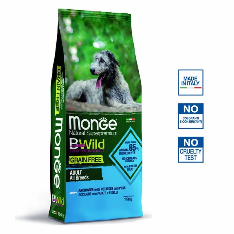 Natural Superpremium BWild - Hondenbrokken - Adult graanvrij - Ansjovis met aardappelen en erwten - 15 kg by Monge – product photo