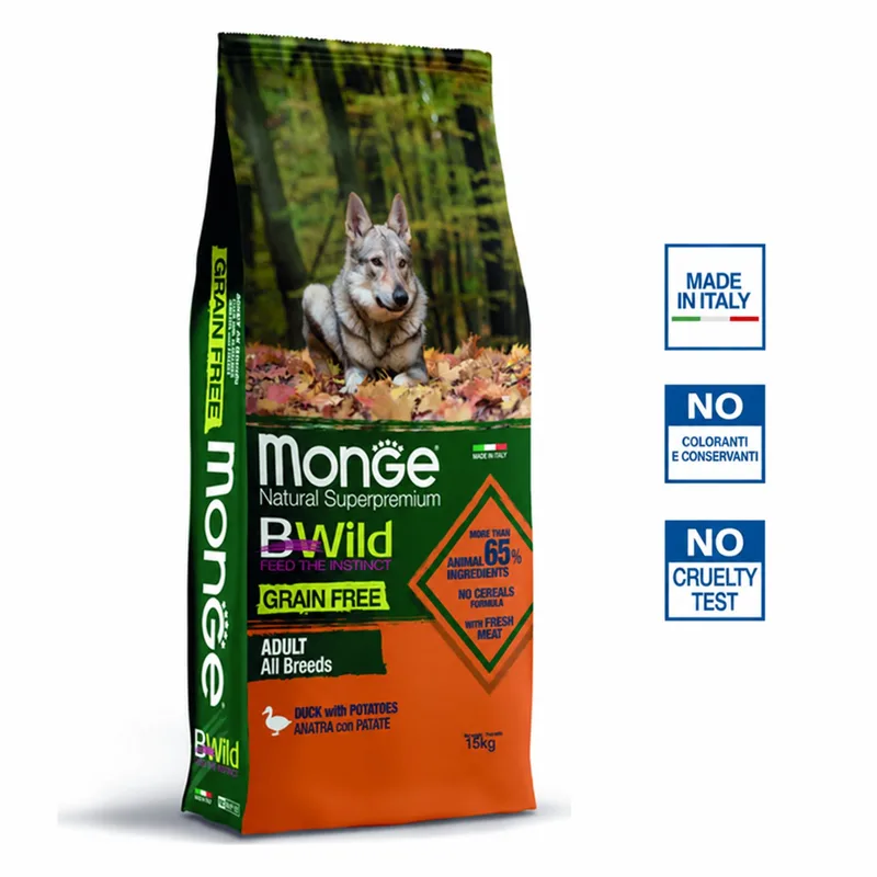 Natural Superpremium BWild - Hondenbrokken - Adult graanvrij - Eend met aardappelen - 15 kg von Monge – Produktfoto