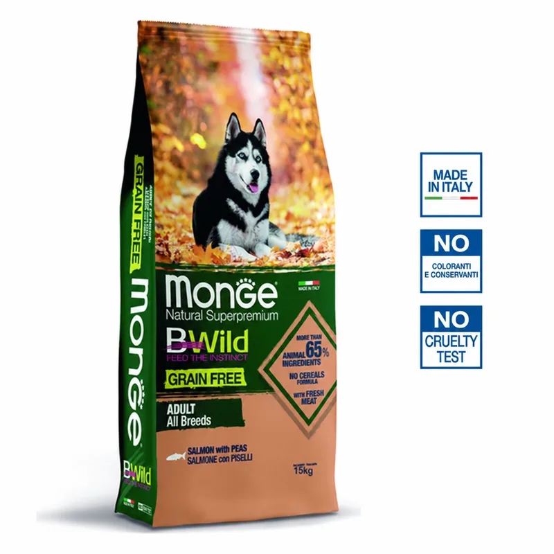 Natural Superpremium BWild - Hondenbrokken - Adult graanvrij - Zalm met aardappelen en erwten - 15 kg von Monge – Produktfoto