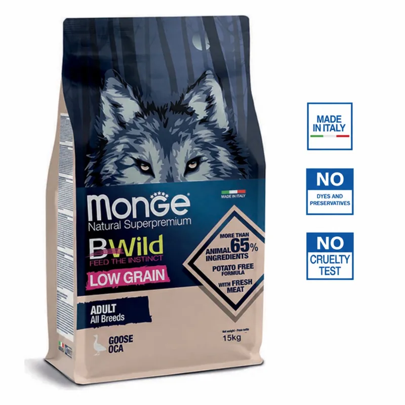 Natural Superpremium BWild - Hondenbrokken - Adult laag in granen - Gans - 15 kg by Monge – product photo