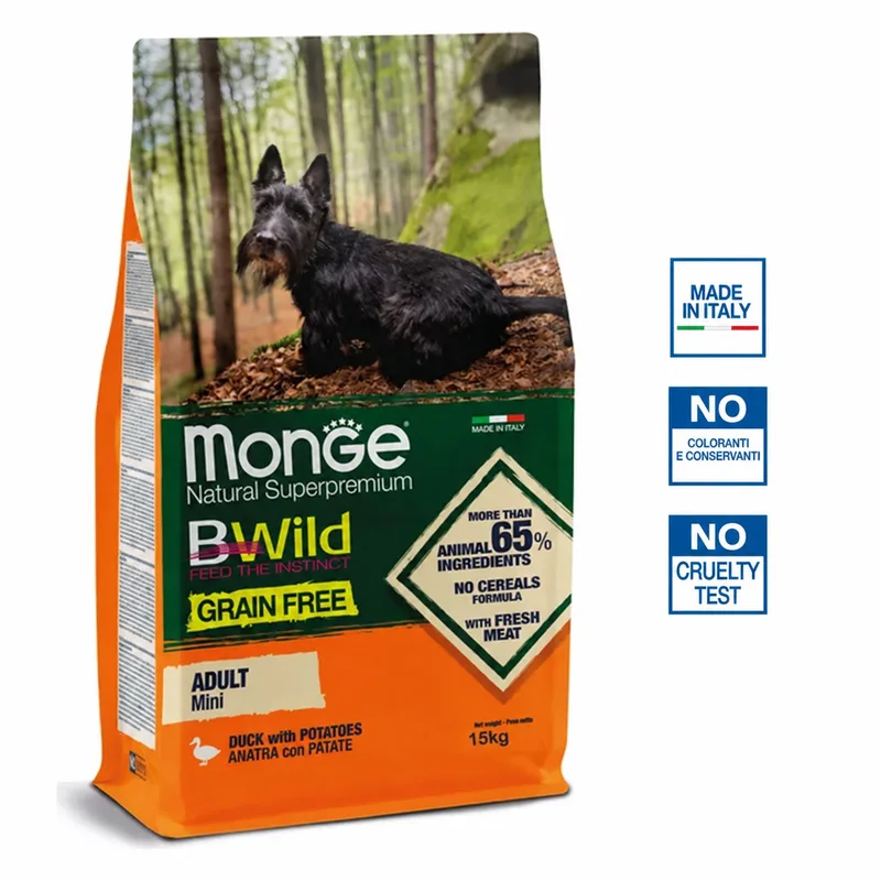Natural Superpremium BWild - Hondenbrokken - Mini adult graanvrij - Eend met aardappelen - 15 kg de Monge – photo produit