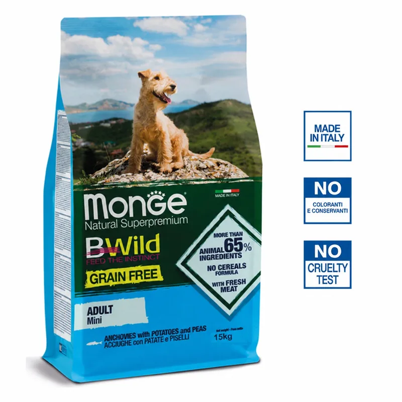 Natural Superpremium BWild - Hondenbrokken - Mini adult graanvrij - Ansjovis met aardappelen en erwten - 15 kg von Monge – Produktfoto