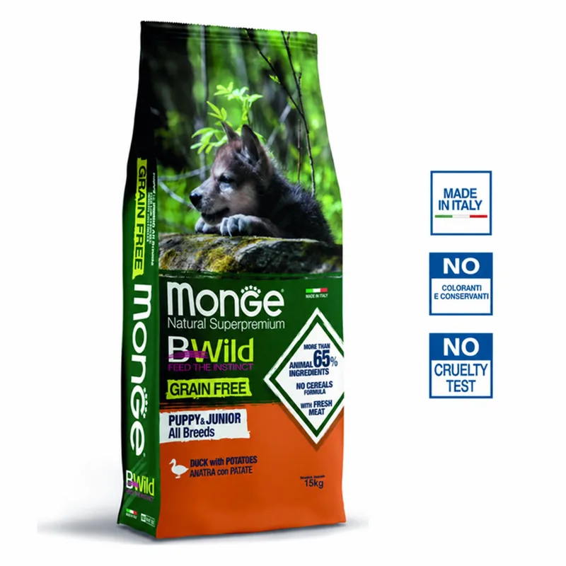 Natural Superpremium BWild - Hondenbrokken - Puppy & Junior graanvrij - Eend met aardappelen - 15 kg von Monge – Produktfoto