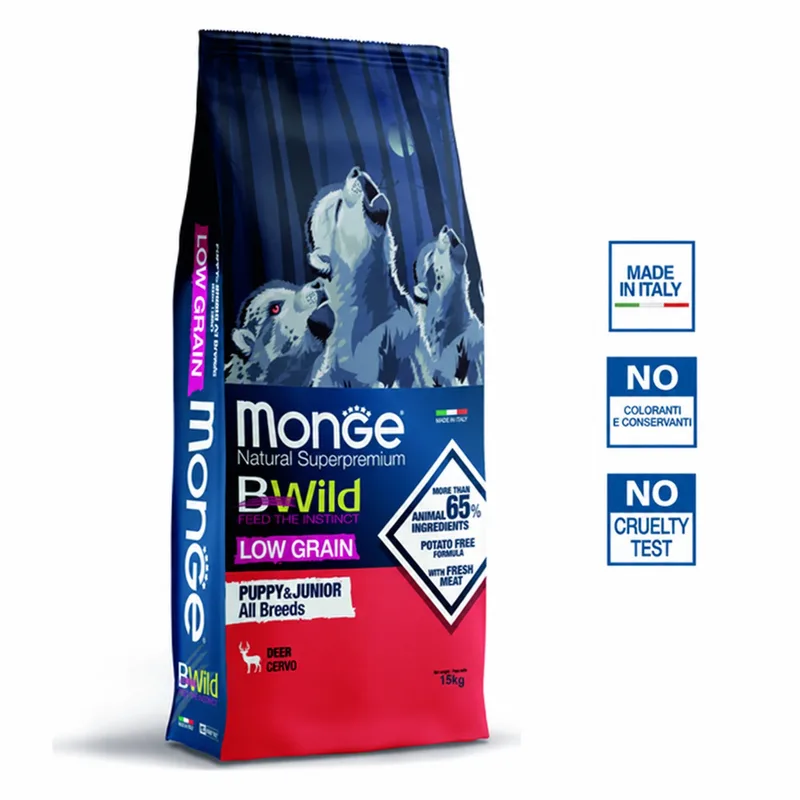 Natural Superpremium BWild - Hondenbrokken - Puppy & Junior laag in granen - Hert - 15 kg von Monge – Produktfoto