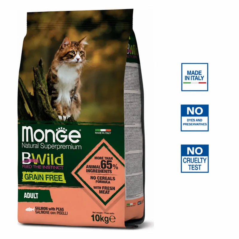 Natural Superpremium BWild - Kattenbrokken - Adult graanvrij - Zalm met erwten - 10 kg van Monge – productfoto