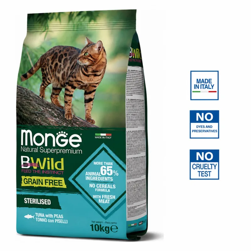 Natural Superpremium BWild - Kattenbrokken - Gesteriliseerde katten graanvrij - Tonijn met erwten - 10 kg by Monge – product photo