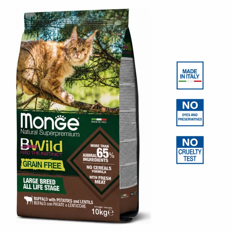 Natural Superpremium BWild - Kattenbrokken - Graanvrij voor grote rassen - Buffel met aardappelen en linzen - 10 kg de Monge – photo produit