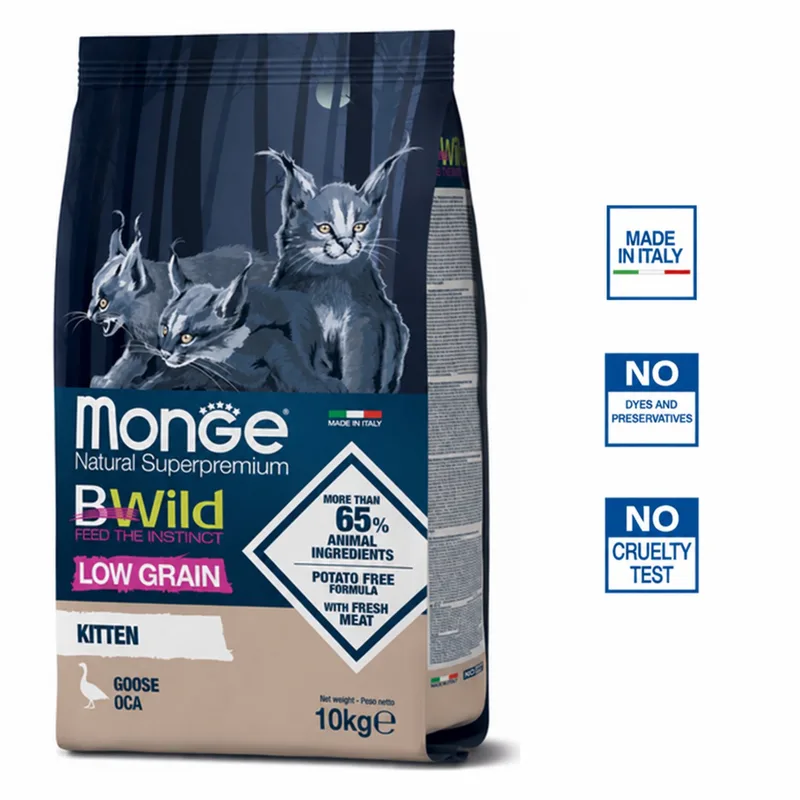 Natural Superpremium BWild - Kattenbrokken - Kitten laag in granen - Gans - 10 kg by Monge – product photo