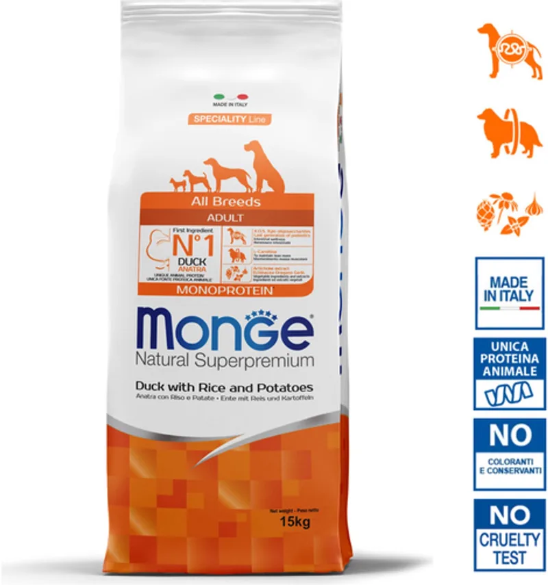Natural Superpremium - Hondenbrokken - Adult monoproteïne - Eend met rijst en aardappelen - 15 kg by Monge – product photo