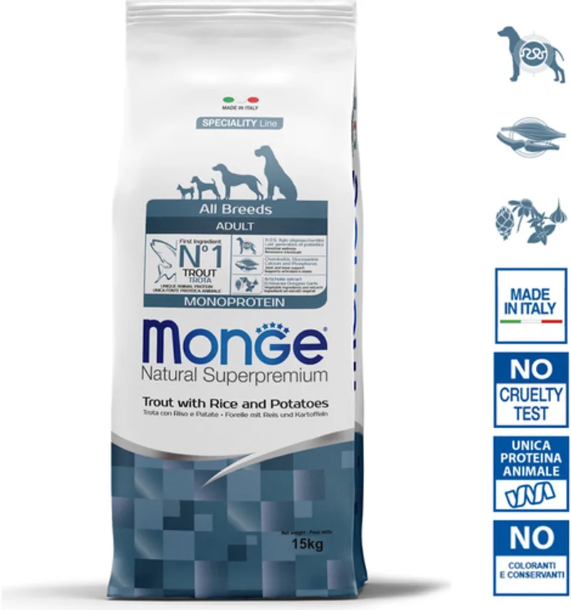 Natural Superpremium - Hondenbrokken - Adult monoproteïne - Forel met rijst en aardappelen - 15 kg by Monge – product photo