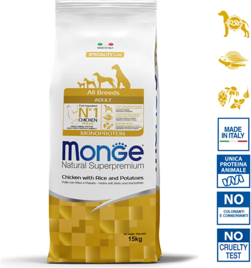 Natural Superpremium - Hondenbrokken - Adult monoproteïne - Kip met rijst en aardappelen - 15 kg de Monge – photo produit