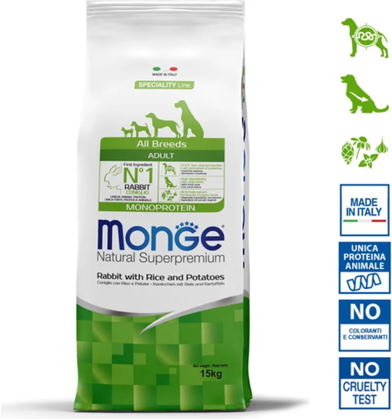 Natural Superpremium - Hondenbrokken - Adult monoproteïne - Konijn met rijst en aardappelen - 15 kg de Monge – photo produit
