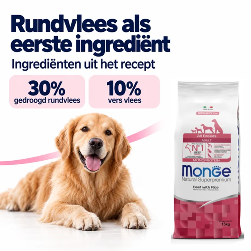 Natural Superpremium - Hondenbrokken - Adult monoproteïne - Rundvlees met rijst - 15 kg de Monge – photo produit