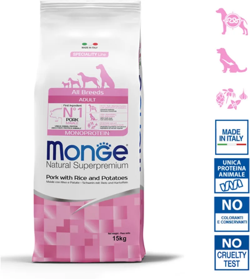 Natural Superpremium - Hondenbrokken - Adult monoproteïne - Varkensvlees met rijst en aardappelen - 15 kg de Monge – photo produit
