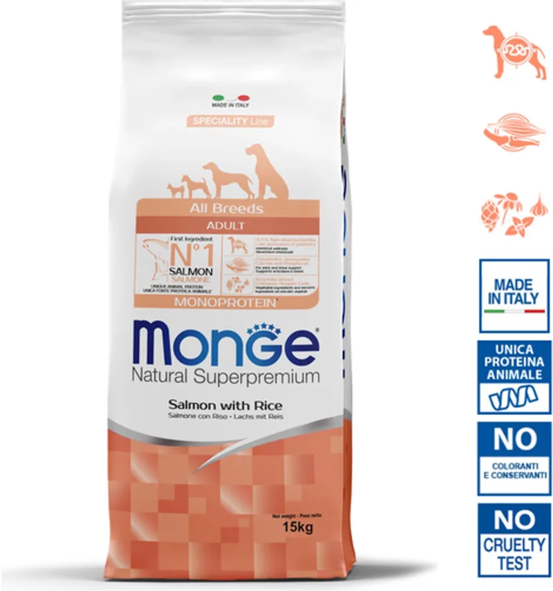 Natural Superpremium - Hondenbrokken - Adult monoproteïne - Zalm met rijst - 15 kg by Monge – product photo