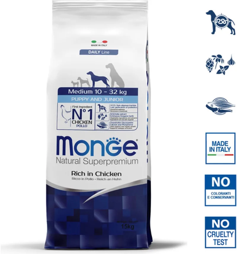 Natural Superpremium - Hondenbrokken - Medium Puppy & Junior - Rijk aan kip - 15 kg by Monge – product photo