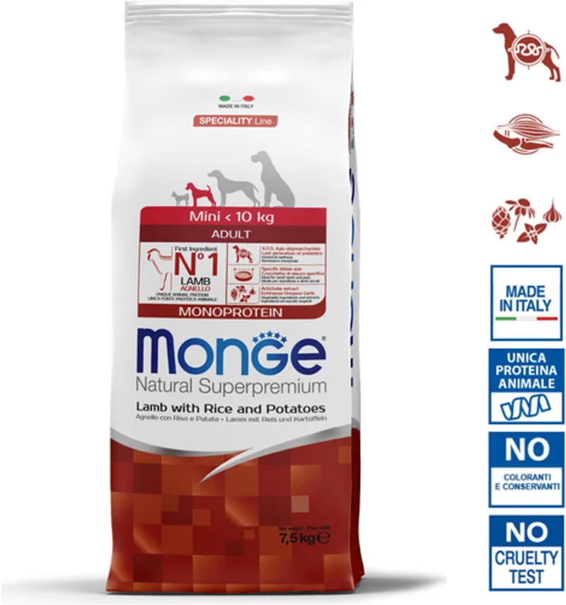 Natural Superpremium - Hondenbrokken - Mini adult monoproteïne - Lam met rijst en aardappelen - 7,5 kg von Monge – Produktfoto