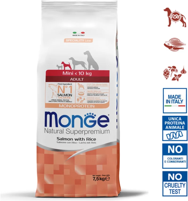 Natural Superpremium - Hondenbrokken - Mini adult monoproteïne - Zalm met rijst - 7,5 kg by Monge – product photo