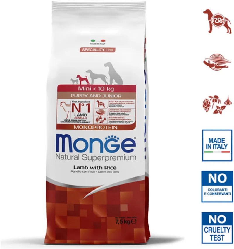 Natural Superpremium - Hondenbrokken - Mini Puppy & Junior monoproteïne - Lam met rijst - 7,5 kg de Monge – photo produit