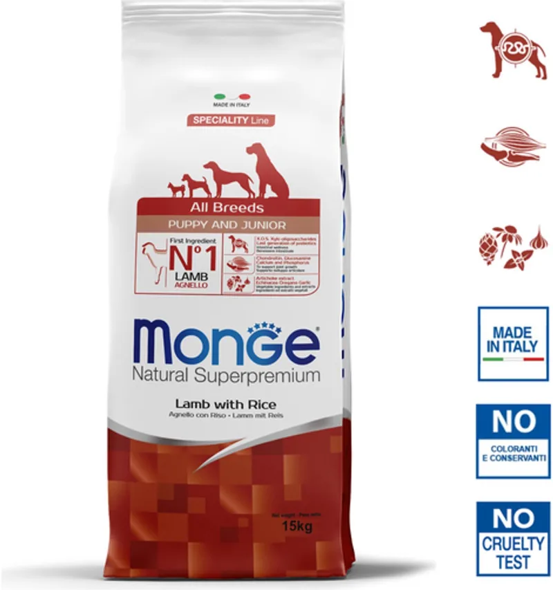 Natural Superpremium - Hondenbrokken - Puppy & Junior monoproteïne - Lam met rijst - 15 kg by Monge – product photo