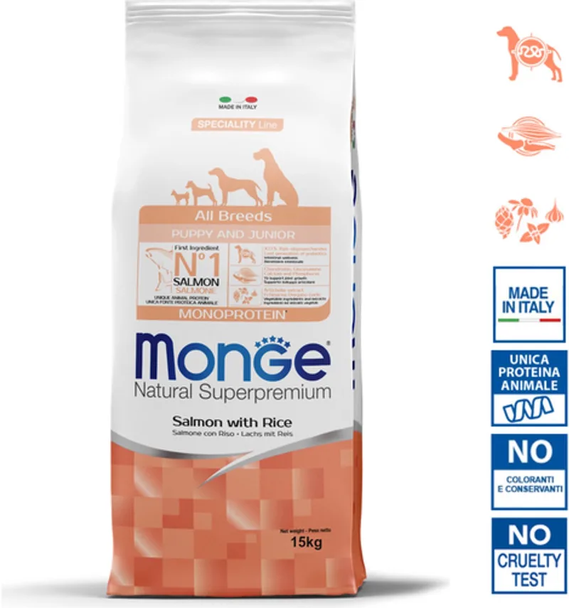 Natural Superpremium - Hondenbrokken - Puppy & Junior monoproteïne - Zalm met rijst - 15 kg by Monge – product photo