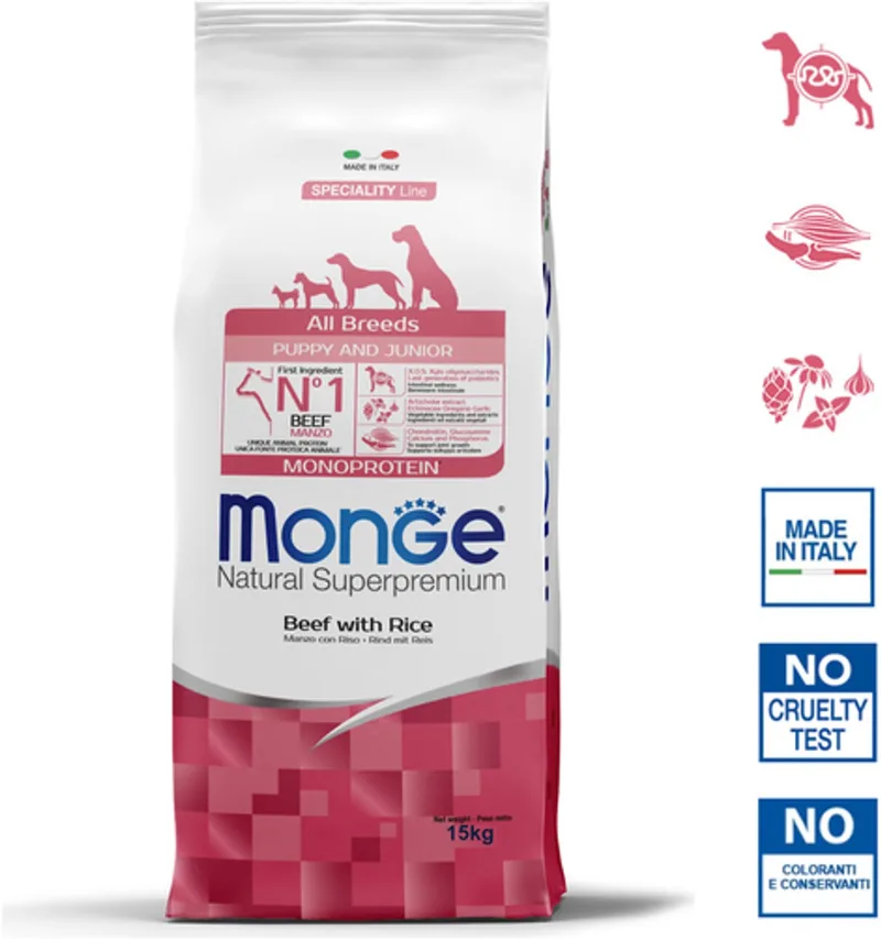 Natural Superpremium - Hondenbrokken - Puppy & Junior monoproteïne - Rundvlees met rijst - 15 kg von Monge – Produktfoto