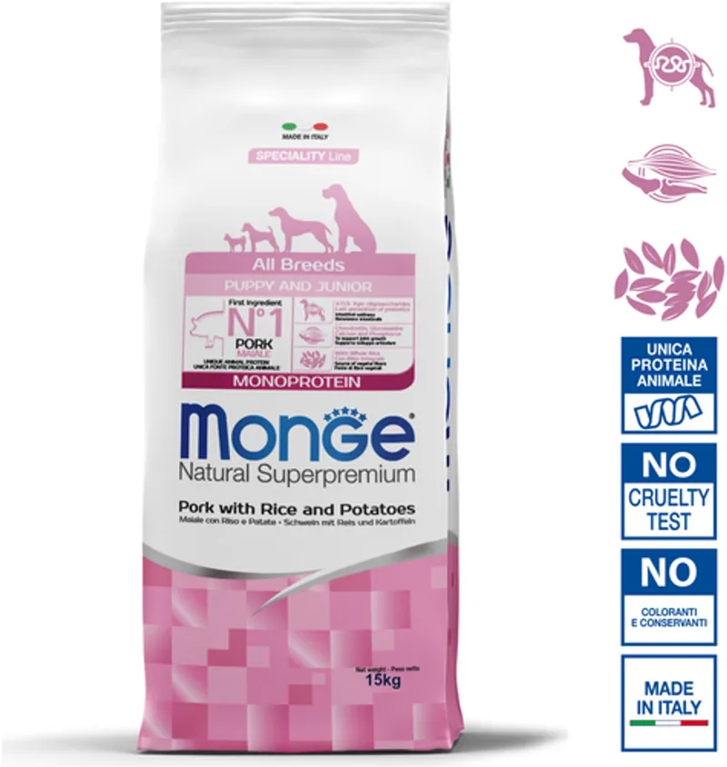 Natural Superpremium - Hondenbrokken - Puppy & Junior monoproteïne - Varkensvlees met rijst en aardappelen - 15 kg de Monge – photo produit