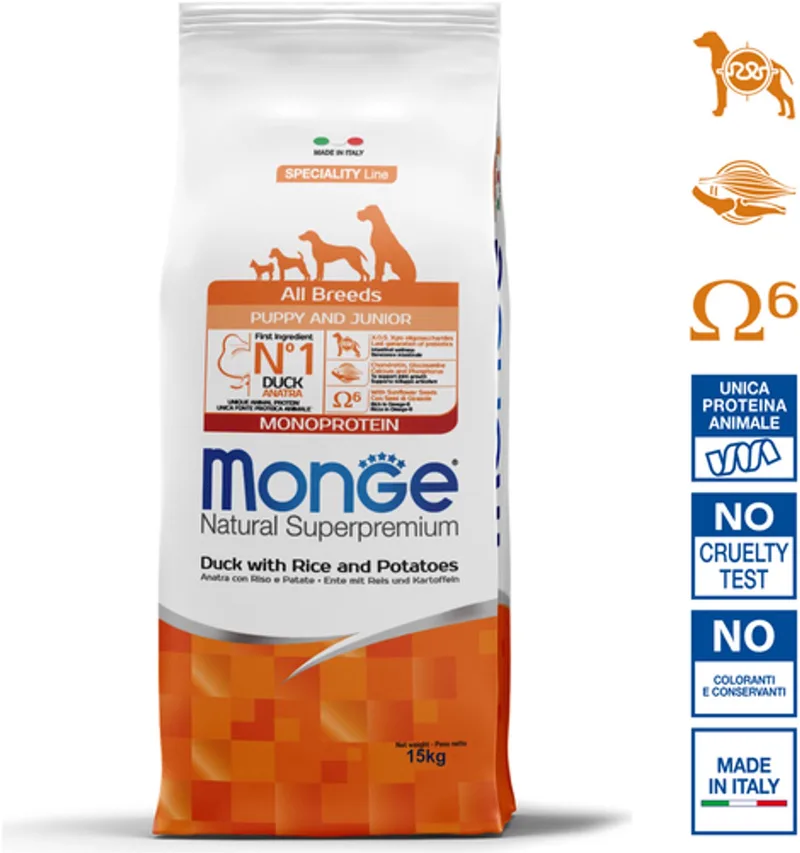Natural Superpremium - Hondenbrokken - Puppy & Junior monoproteïne - Eend met rijst en aardappelen - 15 kg by Monge – product photo