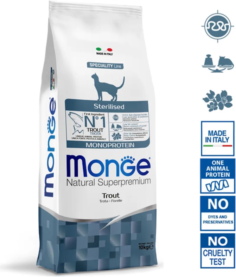 Natural Superpremium - Kattenbrokken - Gesteriliseerde katten - Monoproteïne forel - 10 kg by Monge – product photo