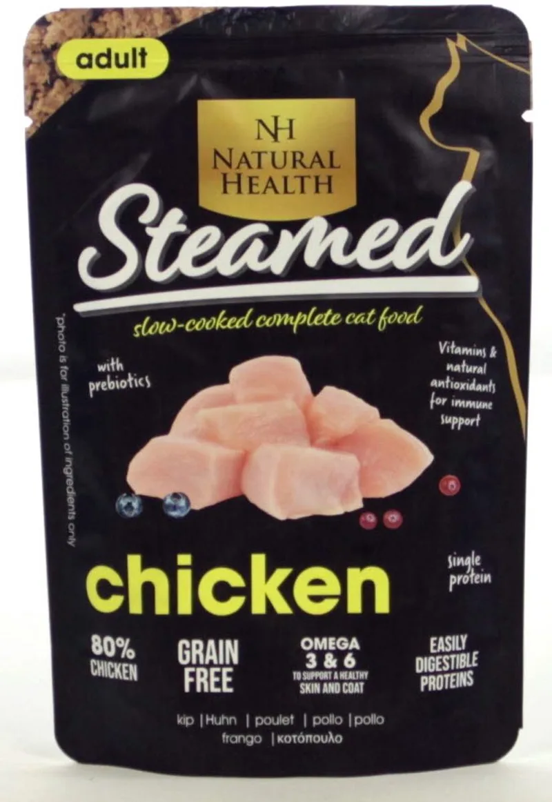 Steamed Chicken Pouch 24X + Gratis Schuurman Kattensnack von Natural Health – Produktfoto