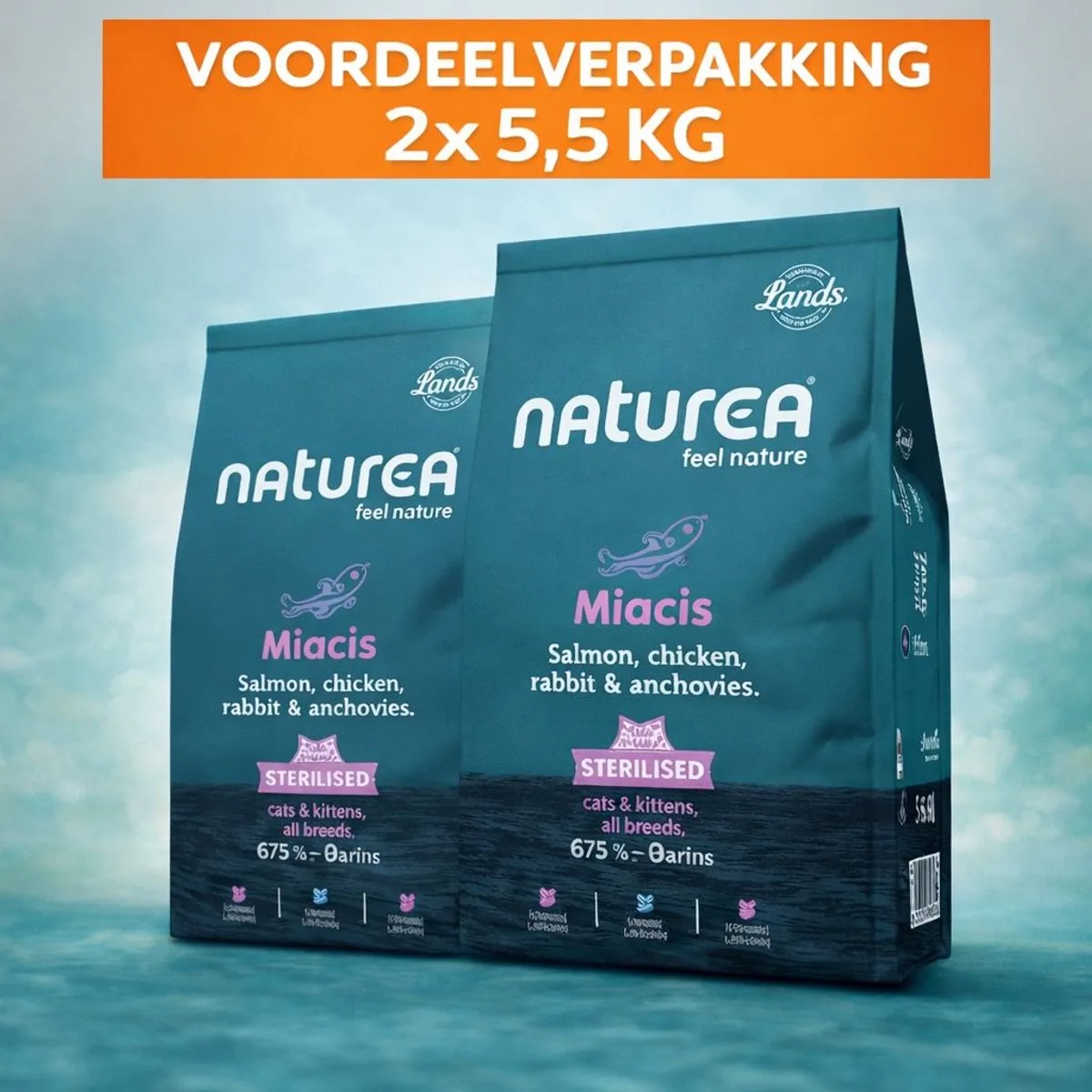 Grainfree Cat Lands Miacis Salmon Chicken Rabbit Anchovies 2x 5,5 kg Voordeelverpakking - Kat de Naturea – photo produit