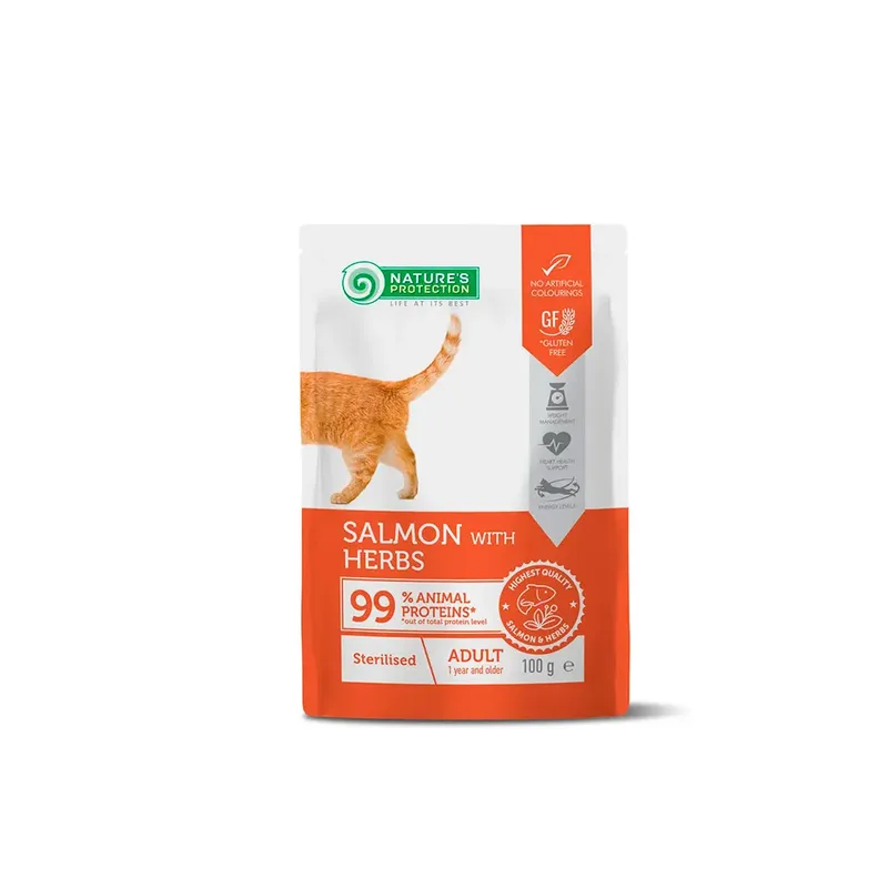 Detox Nourriture Humide Pour Chats Stérilisés Au Saumon Et Aux Herbes 22x100g de Nature's Protection – photo produit