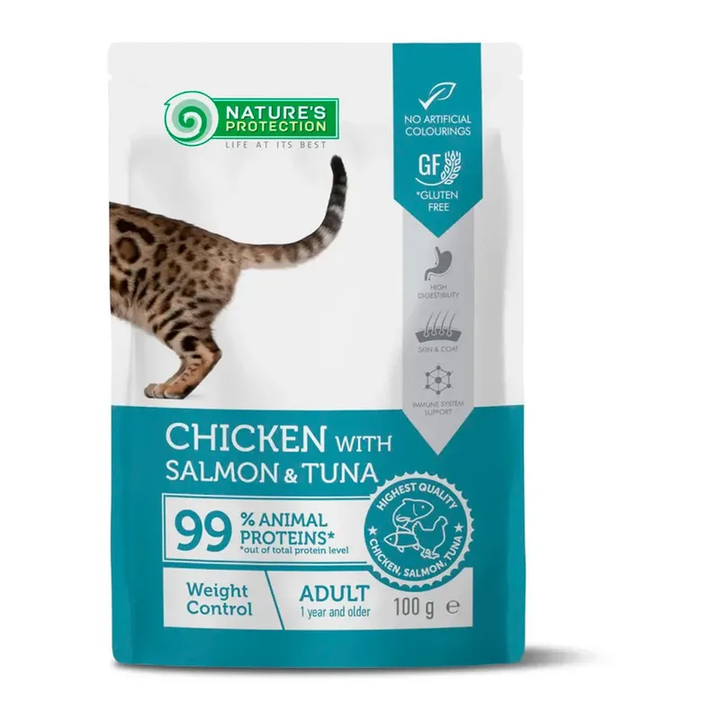 Detox Weight Nourriture Humide Pour Chats Au Poulet Saumon Et Thon 22x100g de Nature's Protection – photo produit