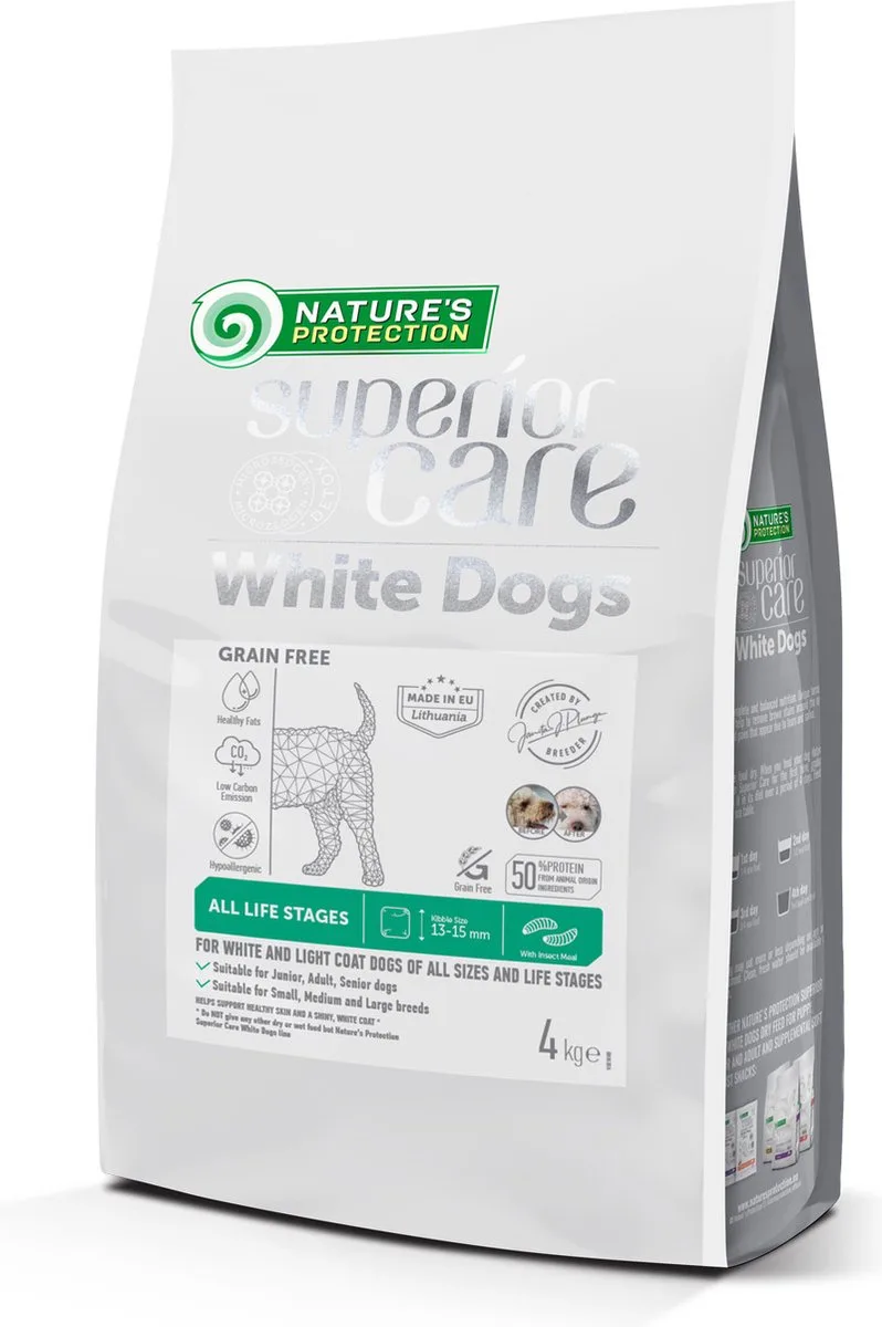 SUPERIOR CARE droog graanvrij dierenvoer met insecten voor honden van alle groottes en levensfasen met een witte vacht 4kg. van Nature's Protection – productfoto