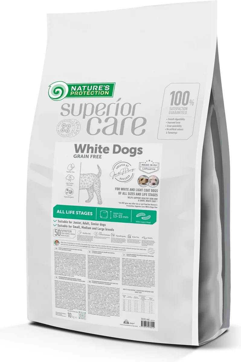 SUPERIOR CARE droog graanvrij dierenvoer met insecten voor honden van alle groottes en levensfasen met een witte vacht 10kg. van Nature's Protection – productfoto