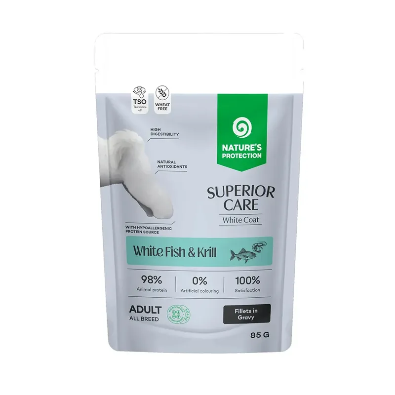 Superior Care White Coat White Fish & Krill Natvoer Voor Honden 12x85g von Nature's Protection – Produktfoto