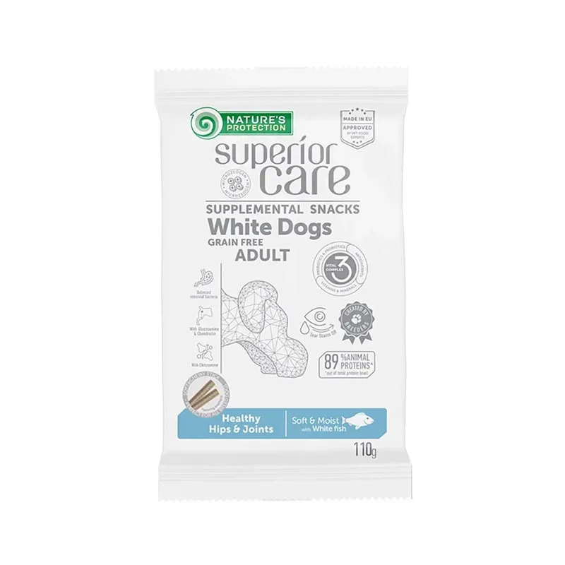 Hanches Et Articulations De Chien Blanc Snack Pour Chien Au Poisson Blanc 110g de Nature's Protection – photo produit