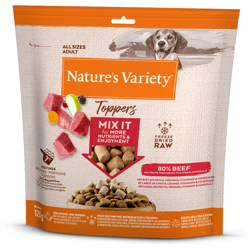 2 + 1 Gratis! Nature's Variety Freeze Dried Hondensnacks - Gevriesdroogde Topper voor Honden Rund (3 x 120 g) van Nature's Variety – productfoto