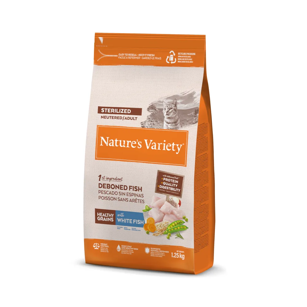 Adult Sterilised Healthy Grain droogvoer met witvis voor katten 1,25 KG van Nature's Variety – productfoto