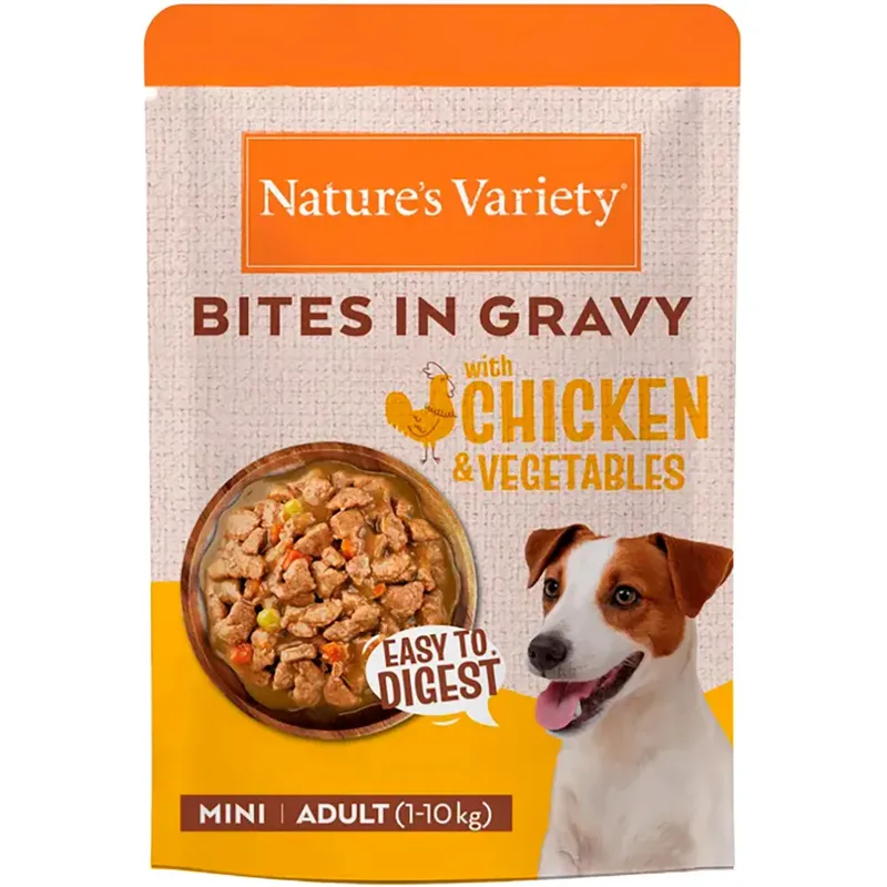 Bouchées En Sauce Mini Poulet Et Légumes Nourriture Humide Pour Chiens 24x100g de Nature's Variety – photo produit 1 sur 2