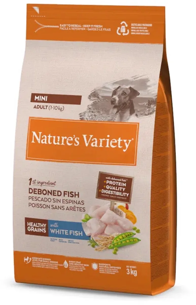Healthy Grains Hondenvoer voor mini-volwassenen, met witte vis, zonder doornen, 3 kg by Nature's Variety – product photo