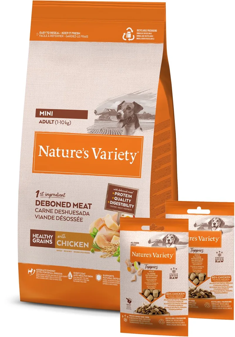 Hondenvoer Natures Variety - Mini Kip 1.5kg + 2x120gr Freeze Dried Toppers - Volledig en Natuurlijke Voeding de Nature's Variety – photo produit