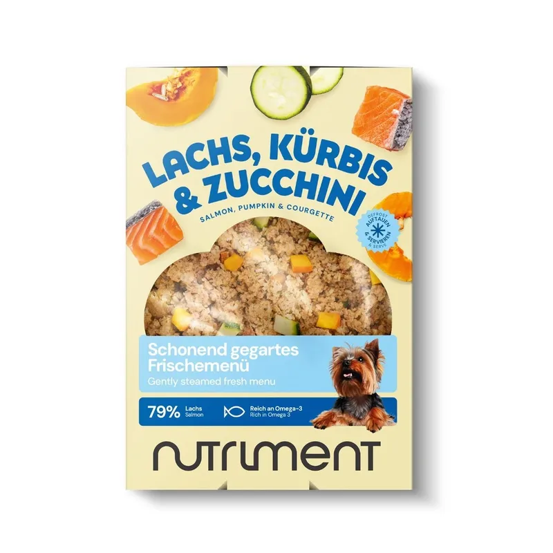 Frischemenü Lachs, Kürbis & Zucchini 400 g | Schonend gegart, glutenfrei, Omega‑3 | Für Hunde | Hundefutter | haustierkost von Nutriment – Produktfoto