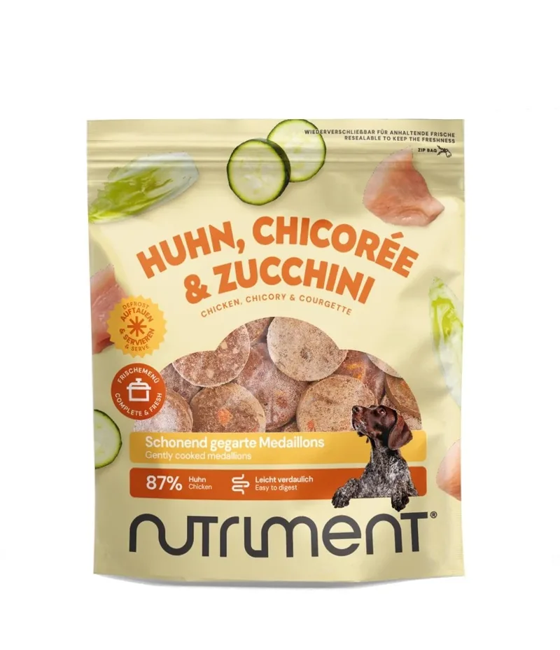 Schonend gegarte Medaillons Huhn, Chicorée & Zucchini 800 g | Roh, getreidefrei, ausgewogen | Für Hunde | Hundefutter | haustierkost by Nutriment – product photo